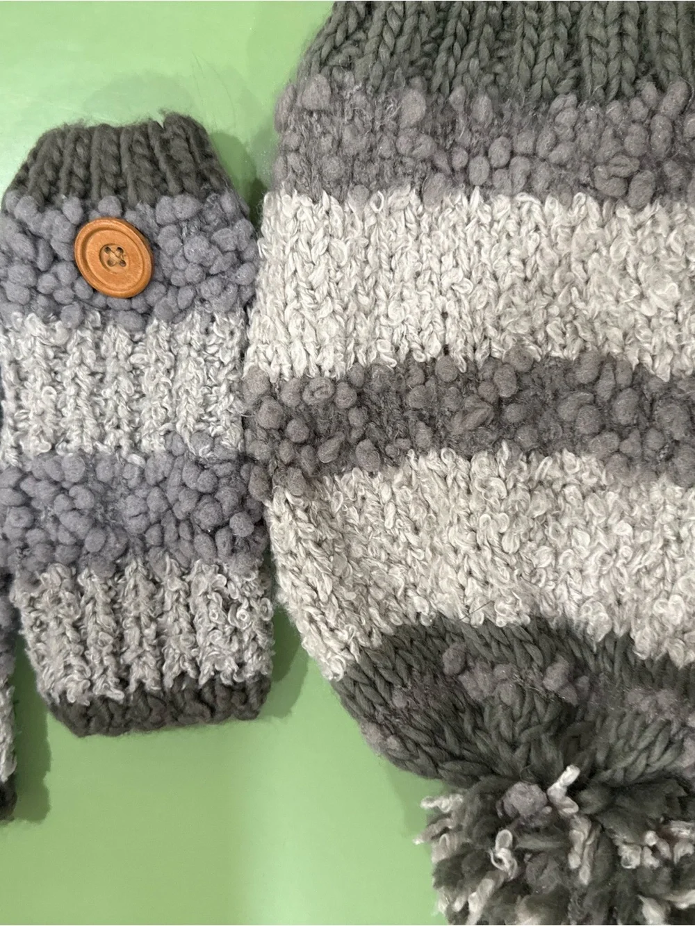 Striped Gray Knit Pom Beanie and Mittens Set with Button Accent